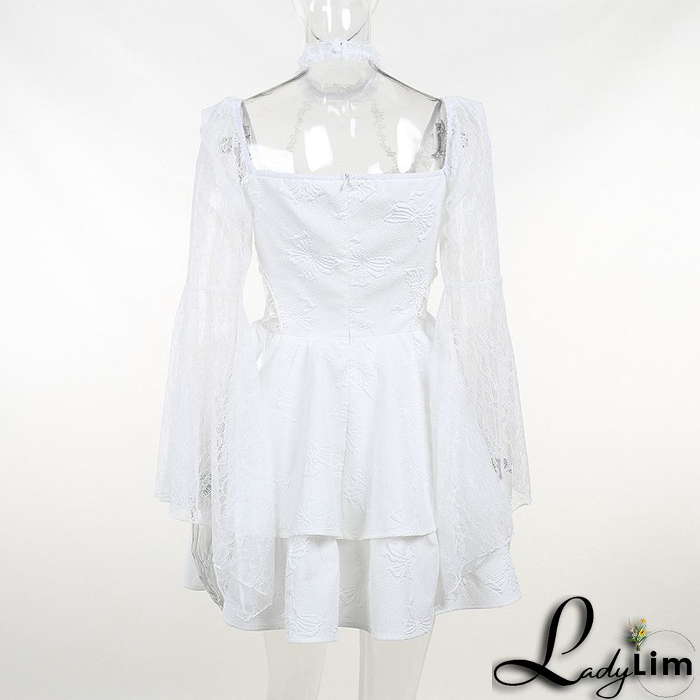 Fall Halter Neck Double Butterfly Lace Long Sleeve A-Line Swing Dress