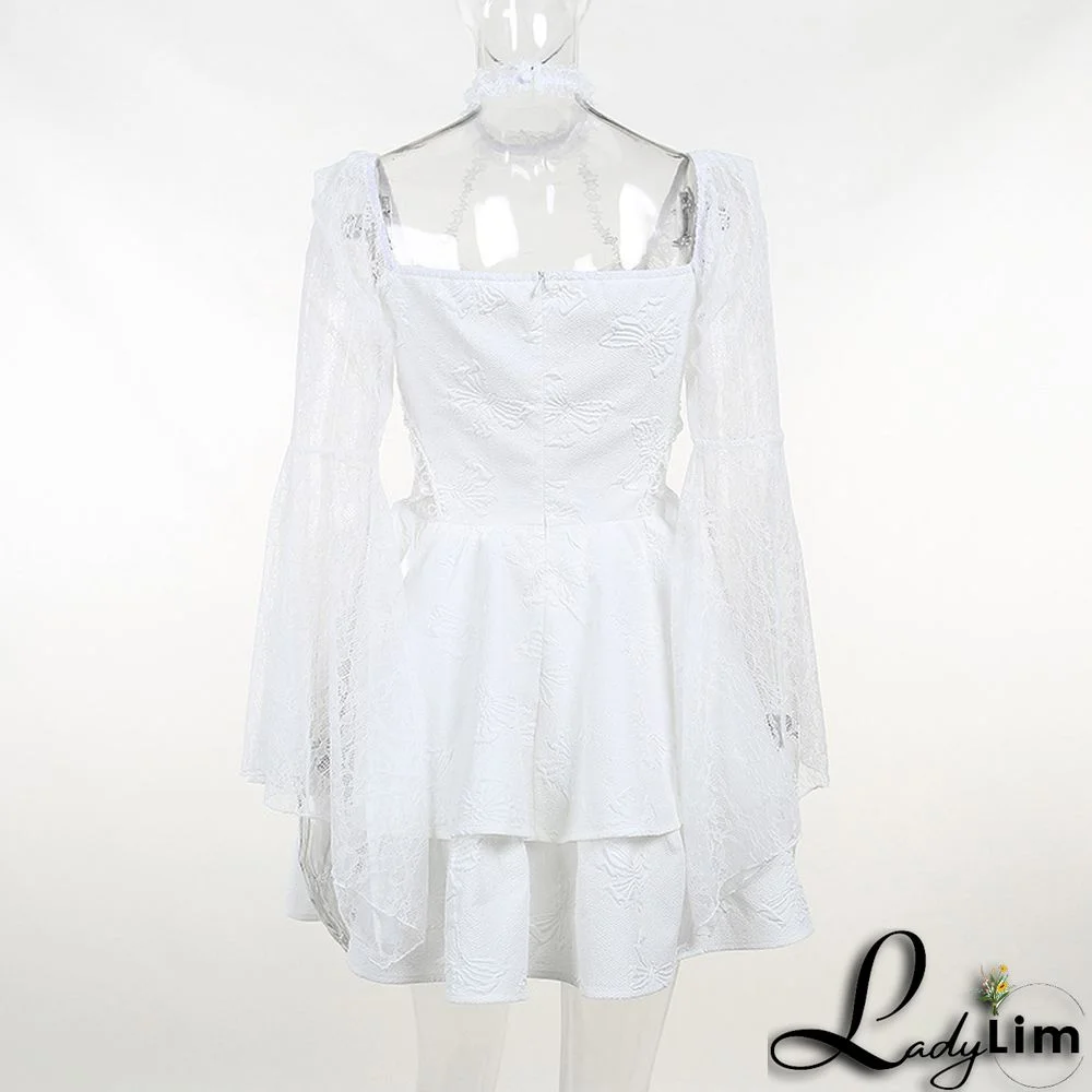 Fall Halter Neck Double Butterfly Lace Long Sleeve A-Line Swing Dress