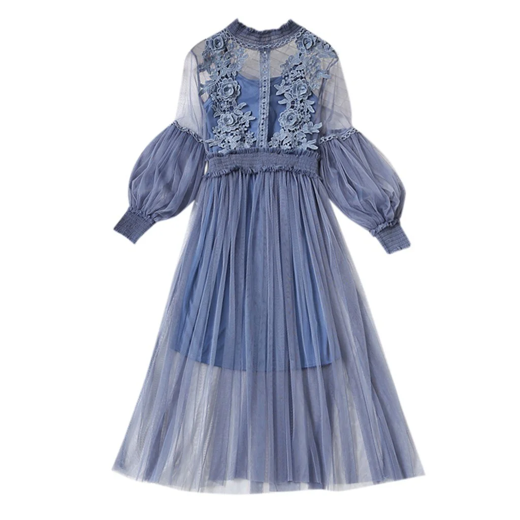 Women Flower Embroidered Dresses Lantern Sleeve Button Two-Piece Elegant Dress Casual Women Lace Party Dresses Spring Dress 2021