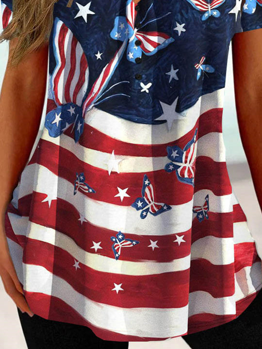 Women Short Sleeve V-neck Striped Printed Colorblock Button Tops