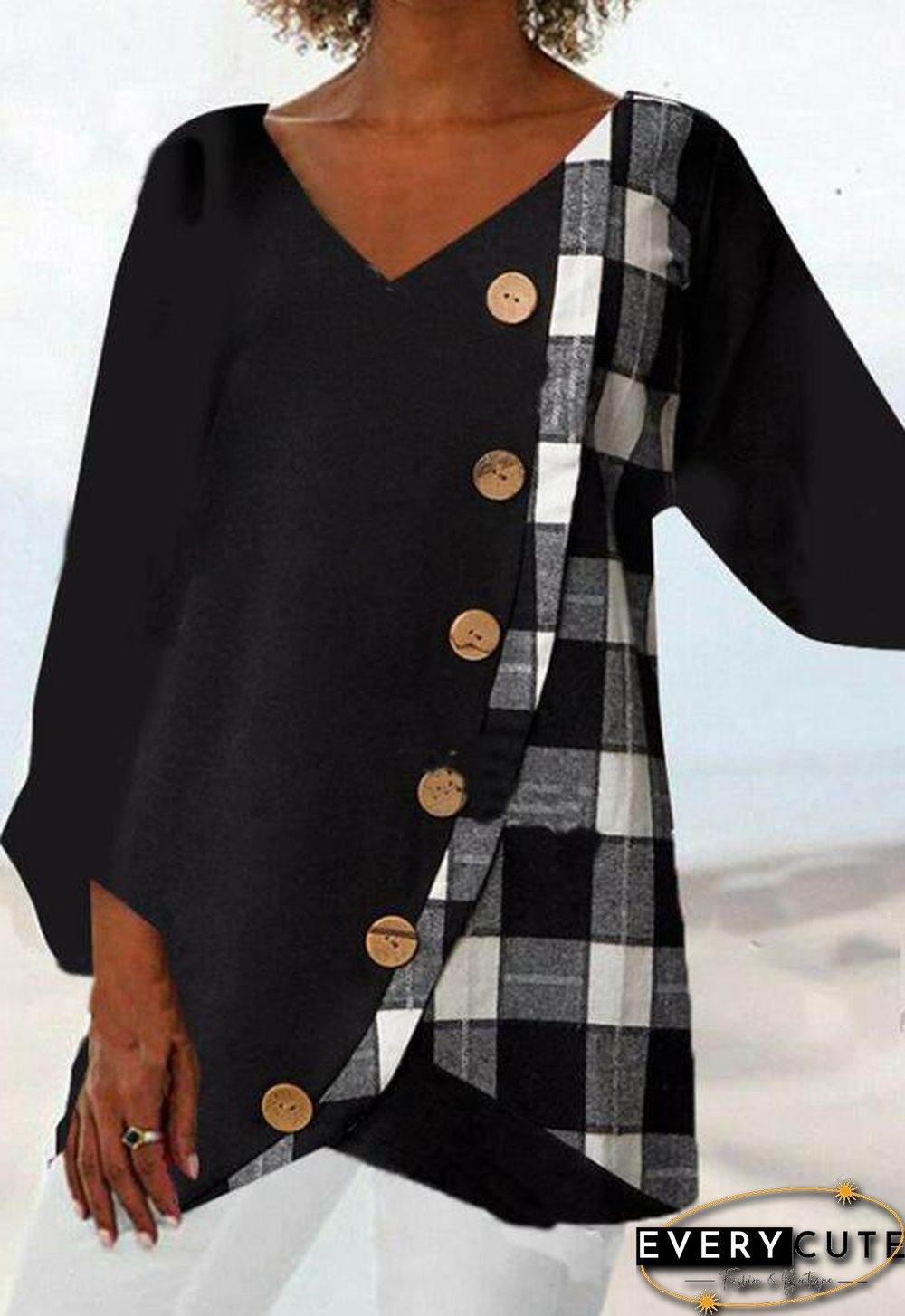 V Neck Polyester Cotton Casual Tops