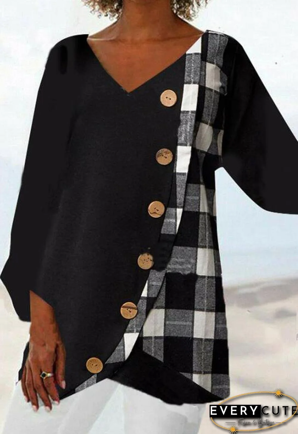 V Neck Polyester Cotton Casual Tops