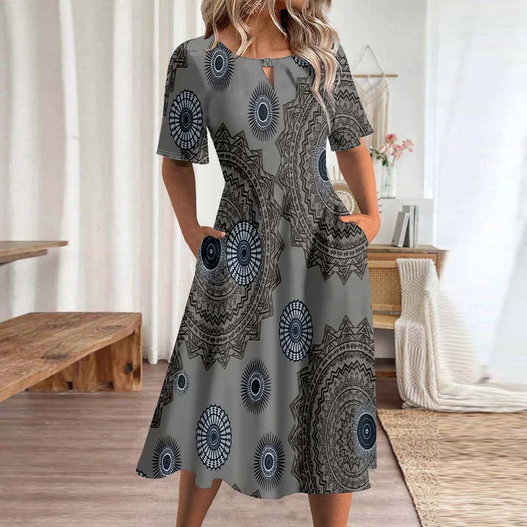 Women Graphic,Gray DZHA8238 Short Sleeve Scoop Neck Graphic Printed Hollow Midi Dress
