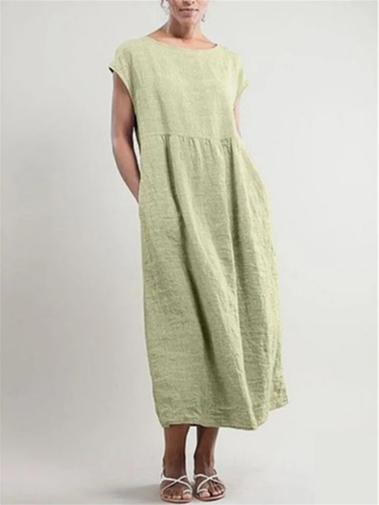 Solid color sleeveless loose cotton and linen pocket dress socialshop