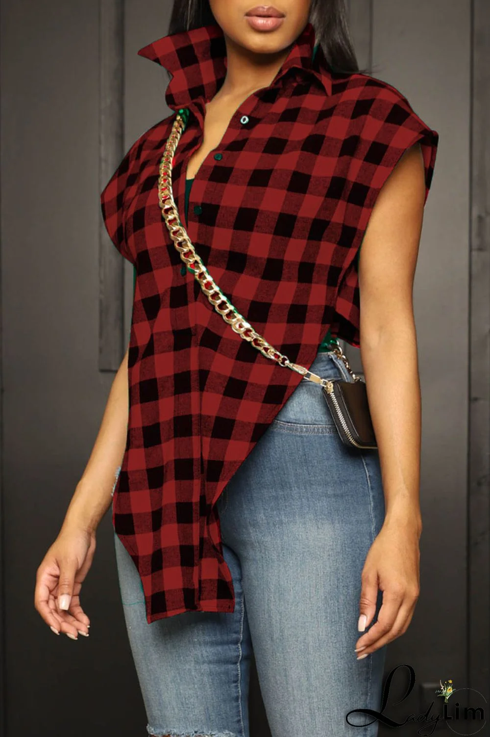 Red Casual Street Plaid Print Patchwork Buckle Asymmetrical Turndown Collar Tops