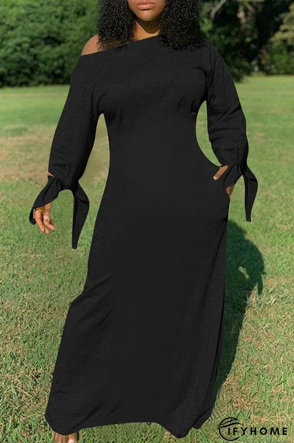 Pure Color Knotted Long Sleeve Casual Pocket Maxi Dress Plus Size | IFYHOME