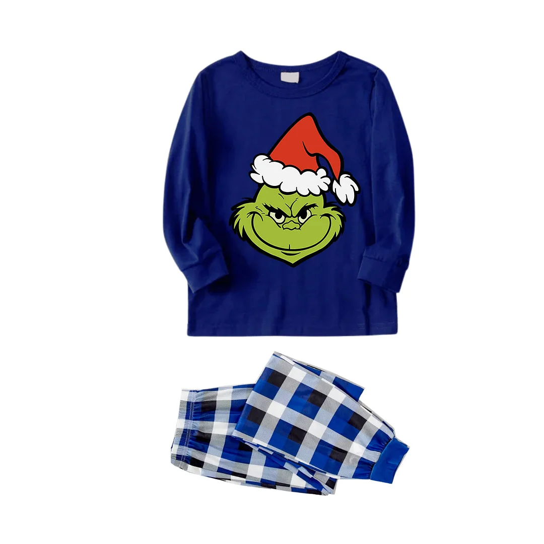2024 Smile Green Elf Cartoon Pattern Contrast Navy Blue Long Sleeve with Blue&Black&White Plaid Pants Family Matching Pajamas