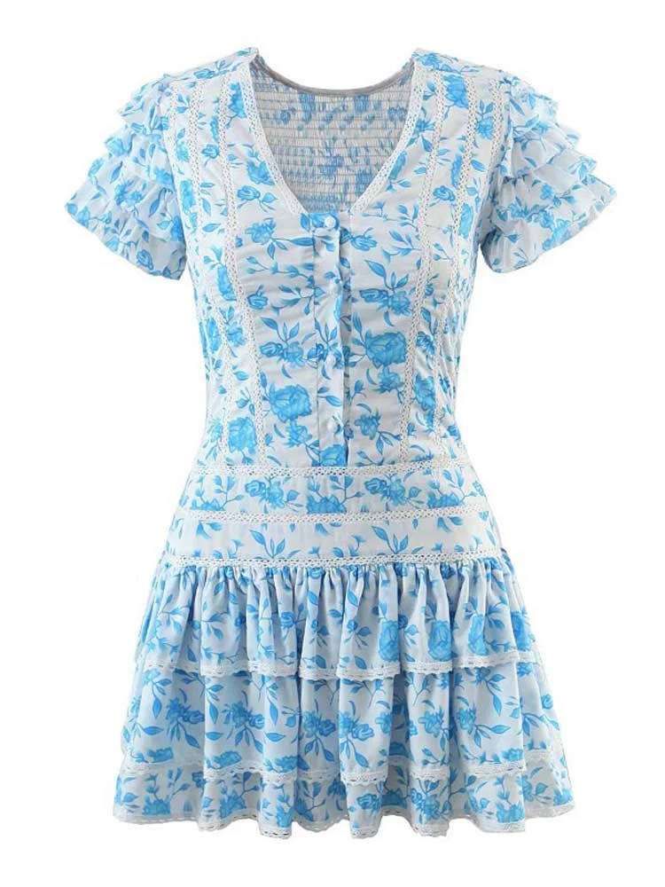 Nncharge Inspired blue floral V-neck ruffled sleeve mini summer dress tiered sexy women party dress new smocked bodice girl dress