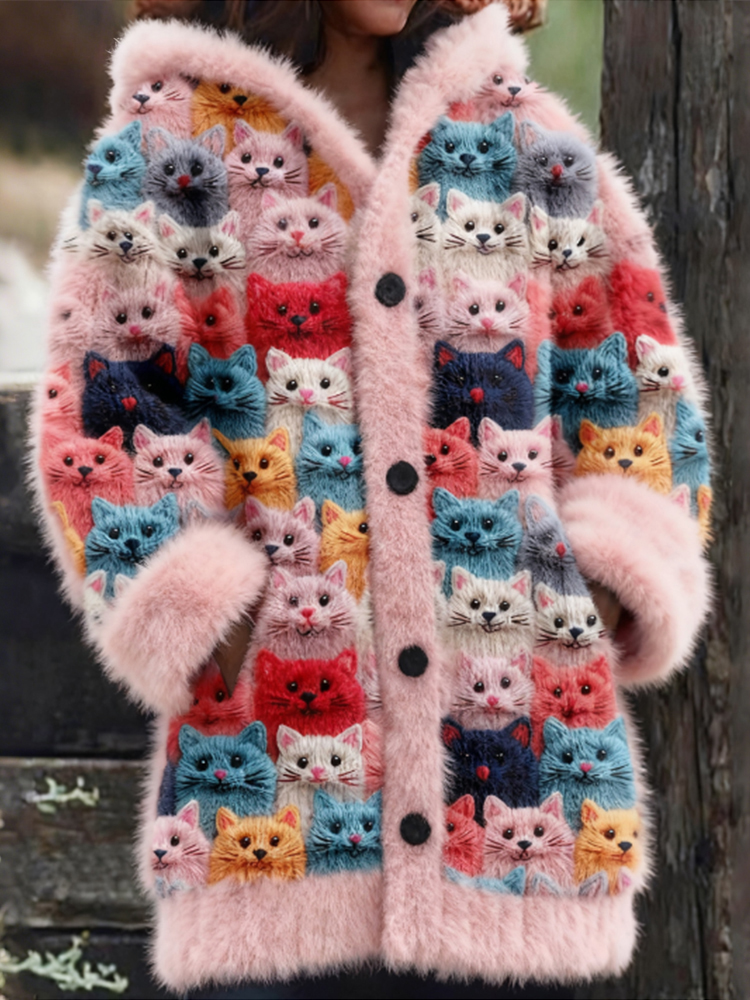 Cute Fuzzy Colorful Cats Pattern Cozy Hooded Cardigan wearshes
