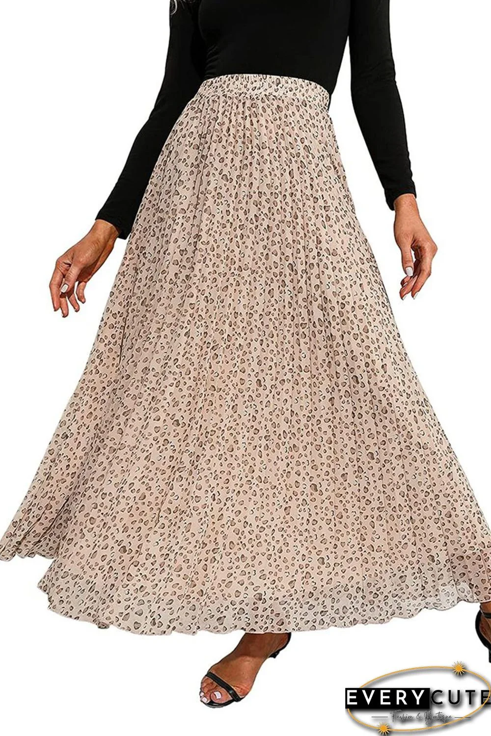 Leopard Chiffon Elastic High Waist Pleated Long Skirt