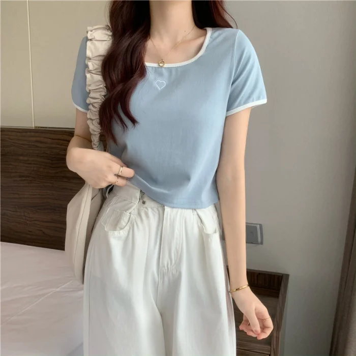 Uveng Uveng Embroidery T-Shirt Female Ins Tide Short Hot Girl Slim Pure Desire Wind Slim Short Sleeved Shirt 2024 Summer New