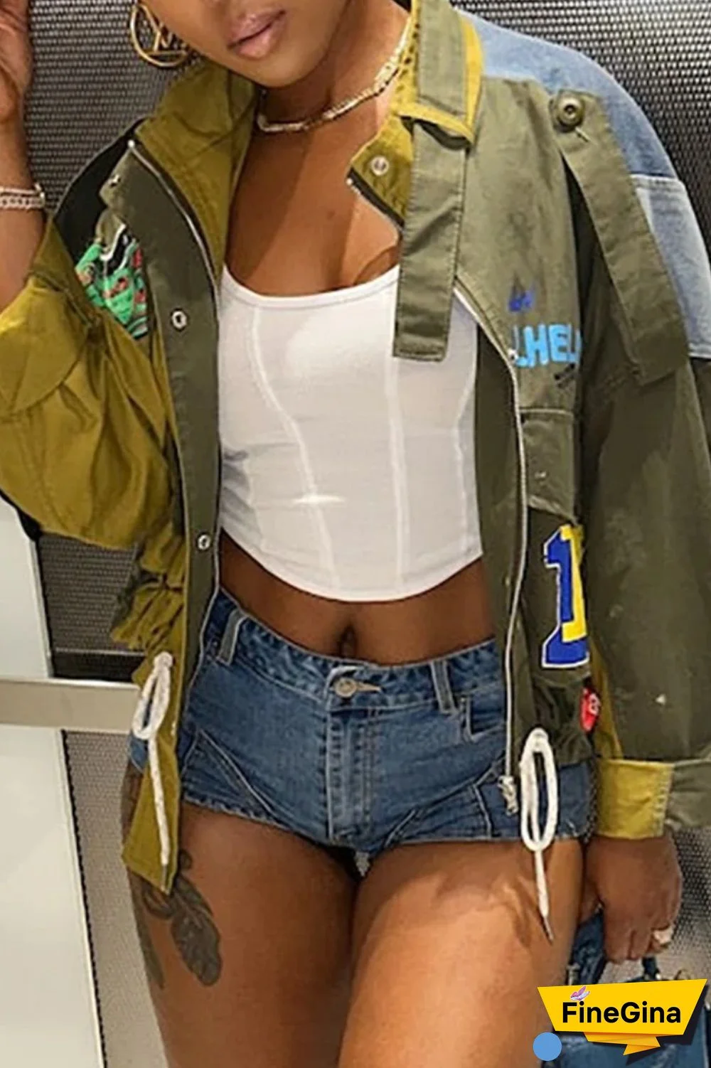 Army Green Casual Print Patchwork Cardigan Mandarin Collar Outerwear