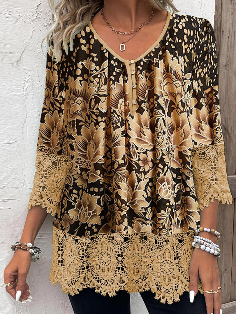 Women Long Sleeve V-neck Graphic Floral Printed Top