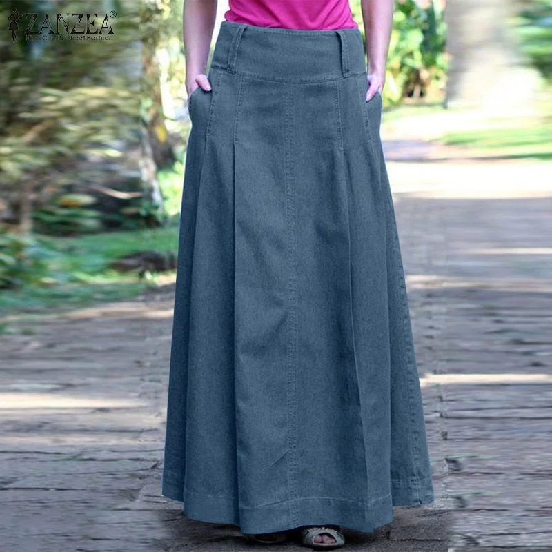 Oversize Summer Denim Blue Long Skirts ZANZEA Women Vintage High Waist Skirt Faldas Saia Femme Robe Solid Maxi Vestido Jupe