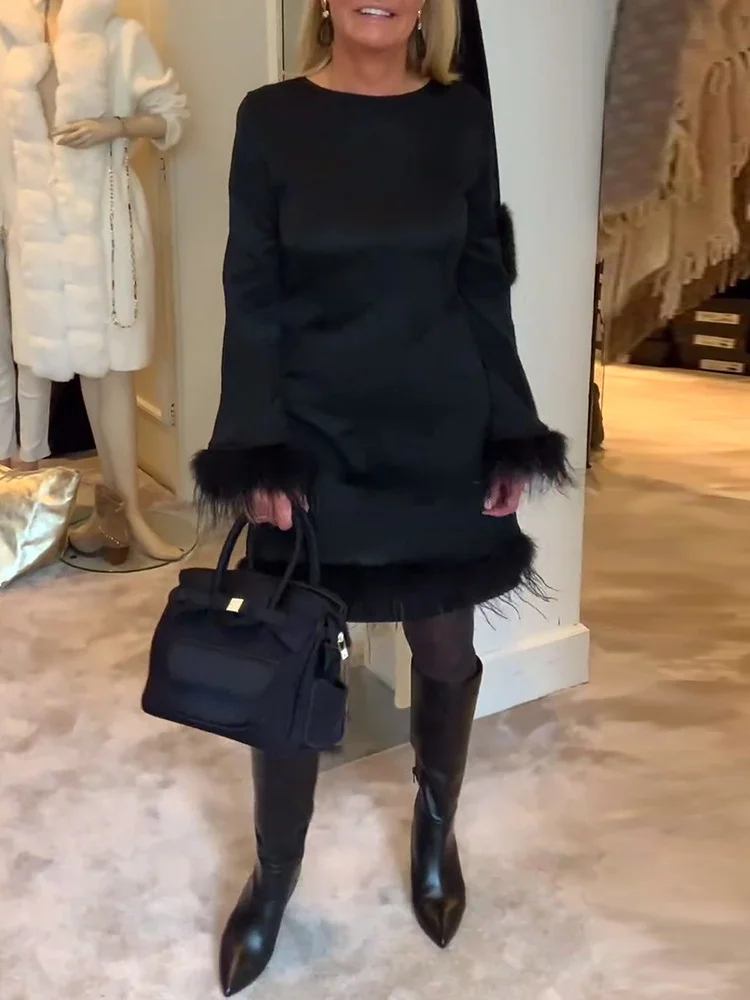 Long-sleeved Round Neck Slim Fit Fur Patchwork Dress