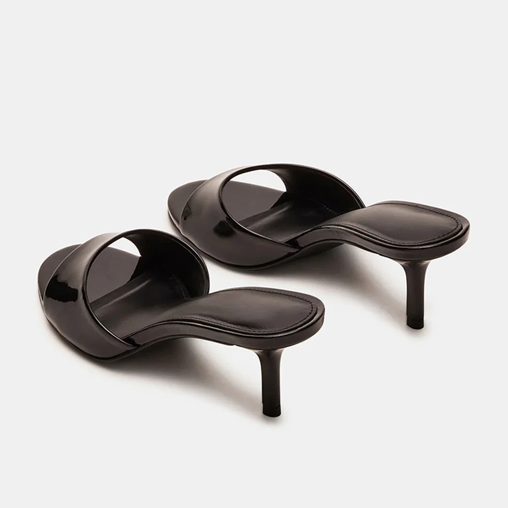 Classic Black Open Round Toe Stiletto Heel Slip On Mules Shoes