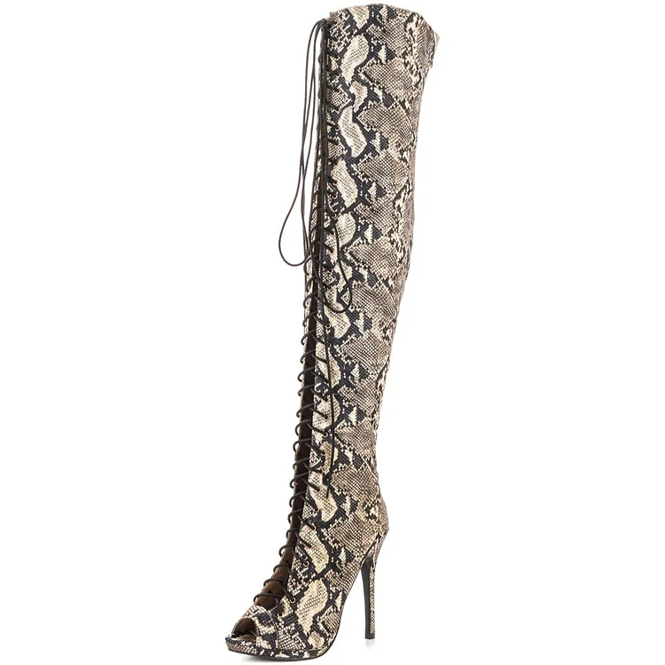 FSJ Snakeskin Peep Toe Lace-up Thigh High Boots with Stiletto Heels |FSJ Shoes