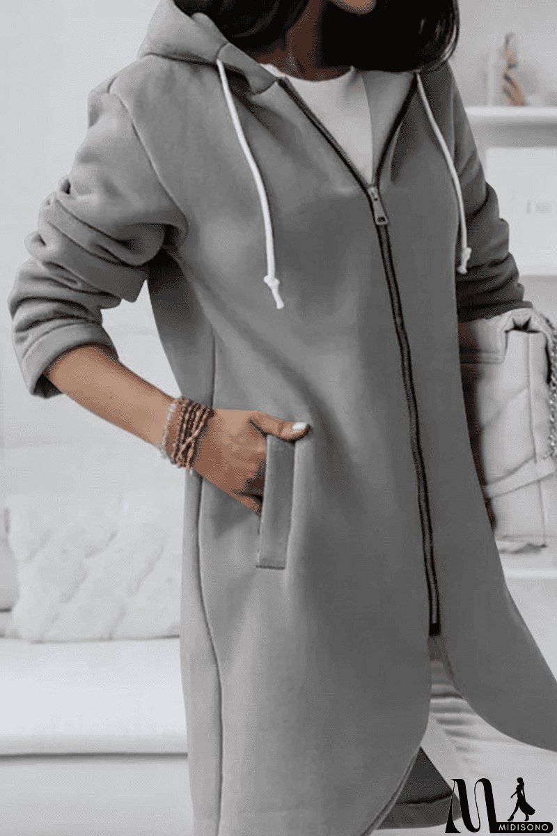 MidiSono - Casual Solid Draw String Zipper Hooded Collar Outerwear(8 Colors)
