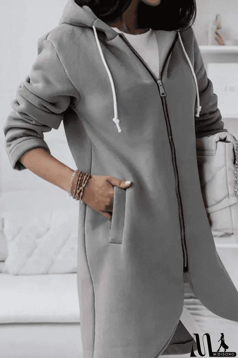 MidiSono - Casual Solid Draw String Zipper Hooded Collar Outerwear(8 Colors)