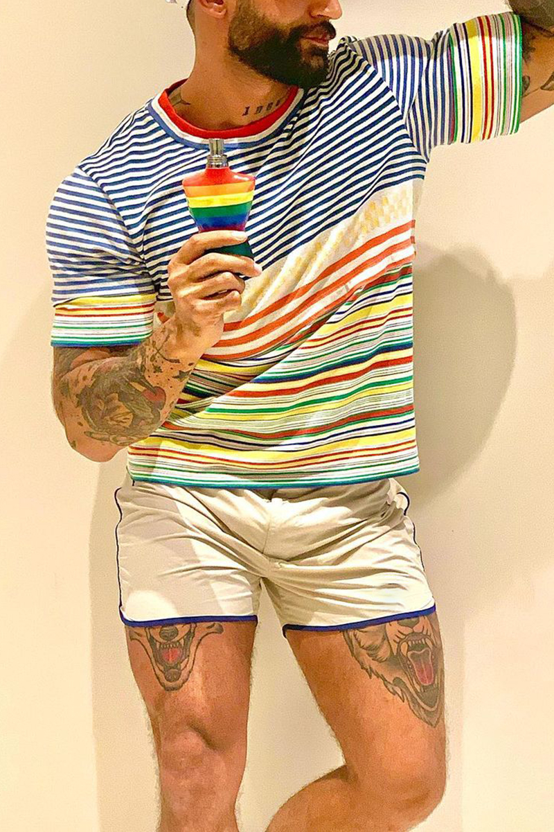 Ciciful Men's Rainbow Stripe Print Casual Round Neck T-Shirt