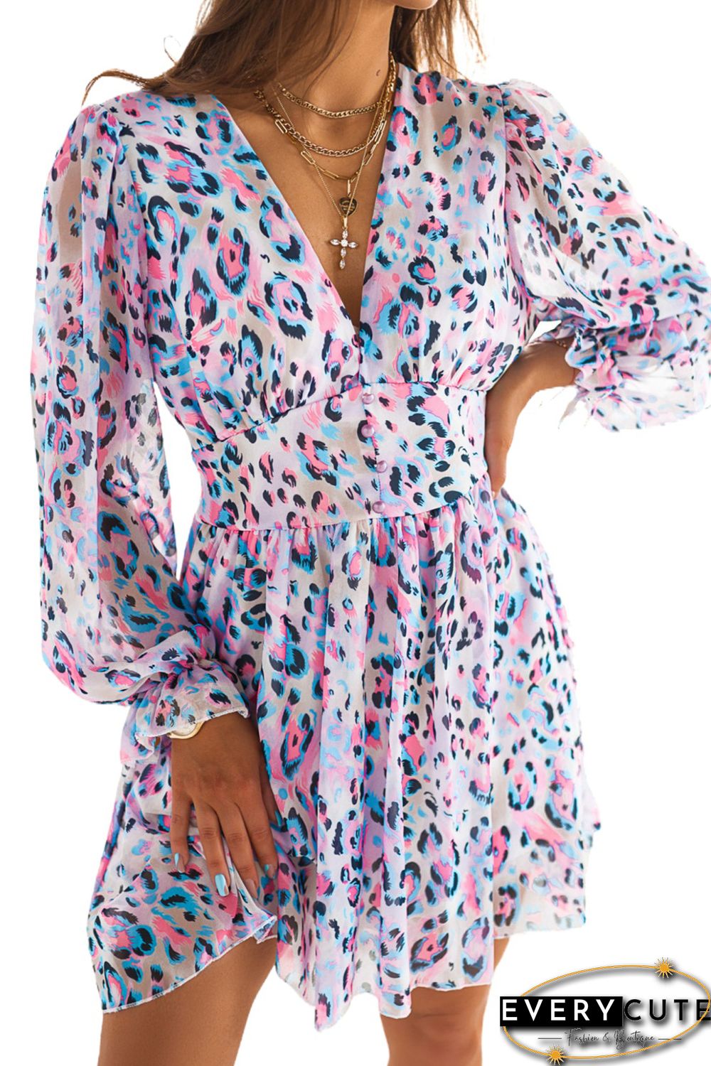 Sexy V Neck Leopard Mini Dress