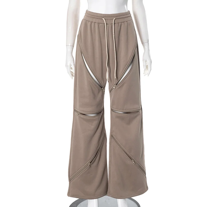 Brownm Brownm Women's Autumn And Winter Pure Color High-Waisted Multi-Waist Zipper Tight Rope Loose Sports Leisure Pants