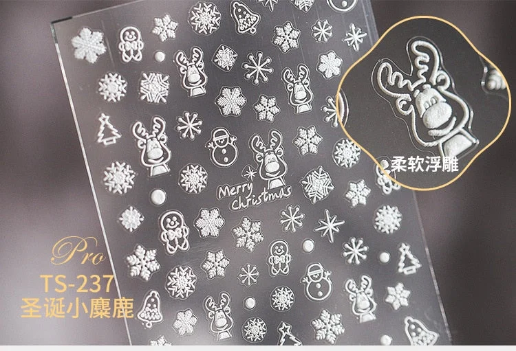 5D Christmas SnowFlake Snowman Nails Art Sticker Pro Frosted Thin Transparent Embossed New Year Nail Art Design Nail Stickers-Nail Inspo