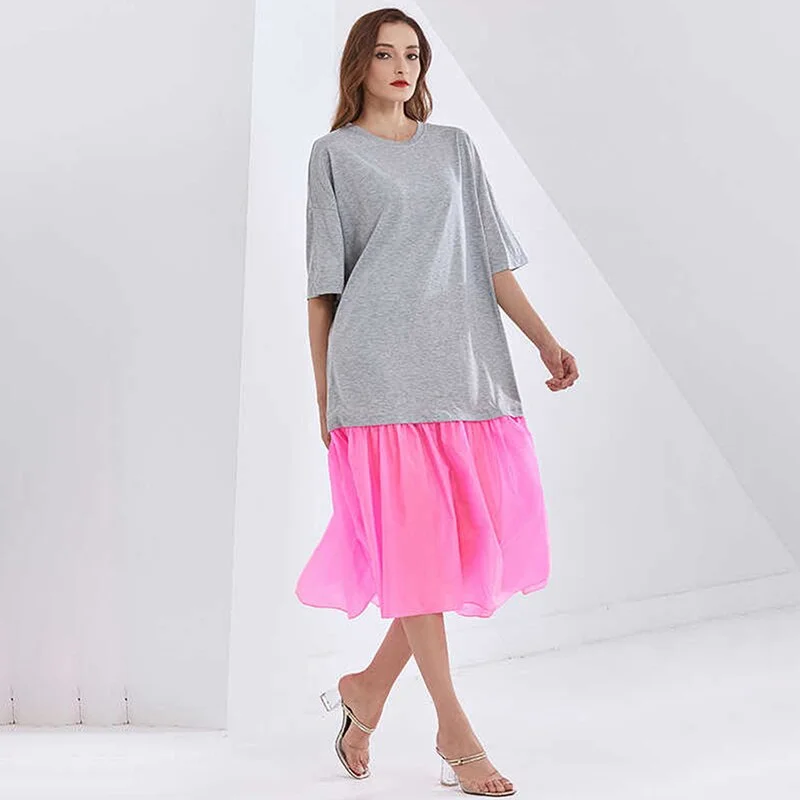 Ueong Casual Two Tone Dress For Women Round Neck Short Sleeve Loose Long Dresses Female Fashion New Clothing 2022 Style