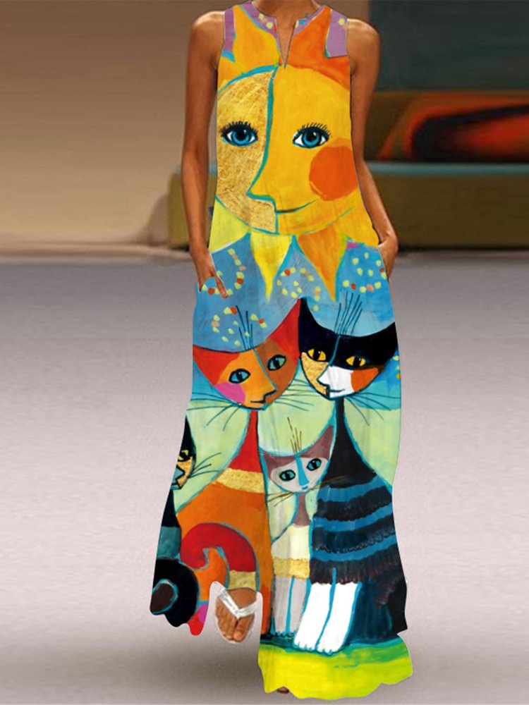 Artwishers Lovely Cat Printed Sleeveless Maxi Dress