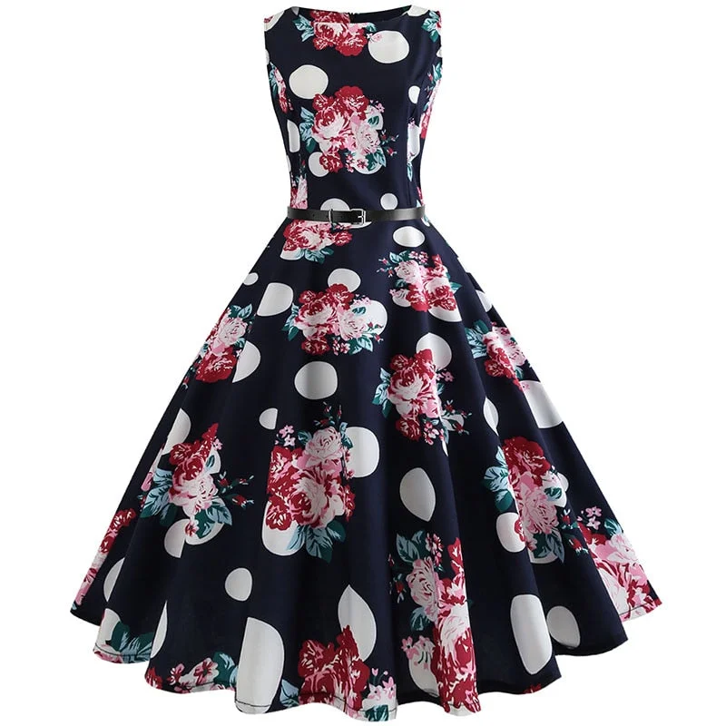 Floral Print Vintage Dress Women  Summer Pin Up Elegant Party Rockbility Robe  A-Line Office Sundress Vestidos