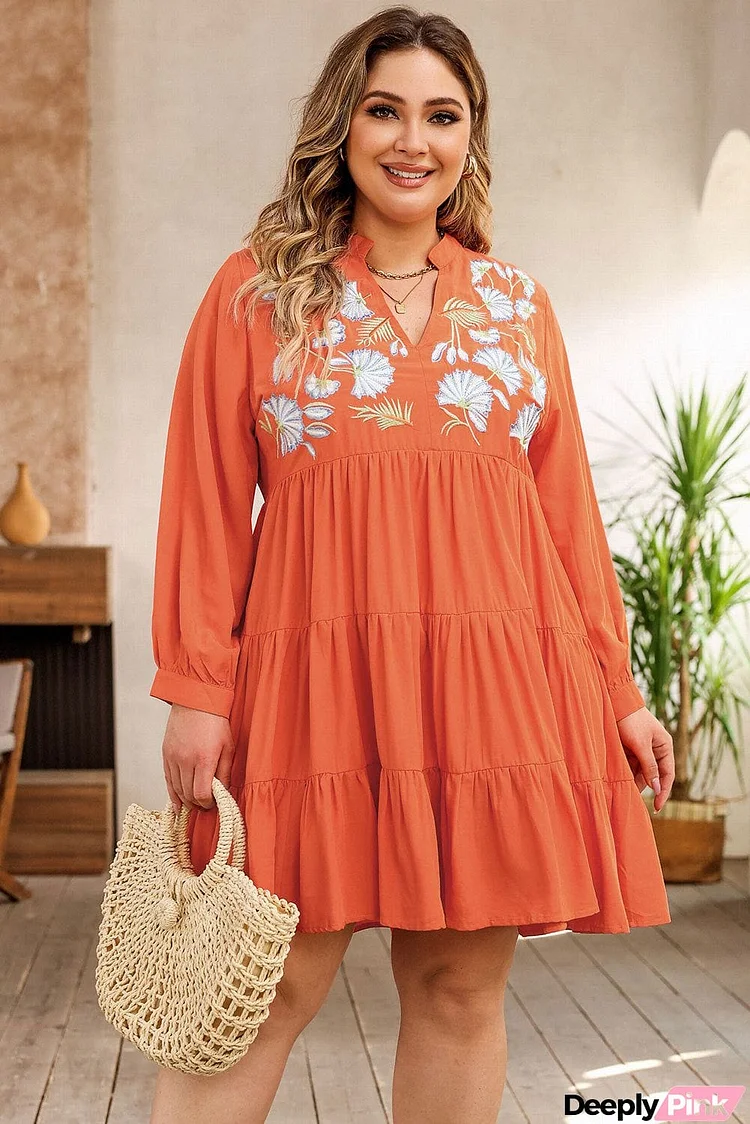 Plus Size Notched Neck Printed Long Sleeve Mini Dress