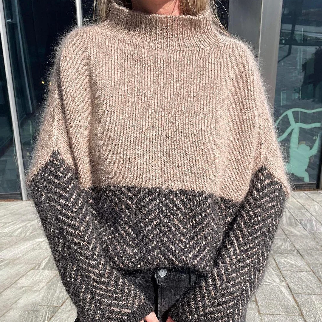 Herringbone Patchwork Solid Color Turtleneck Sweater