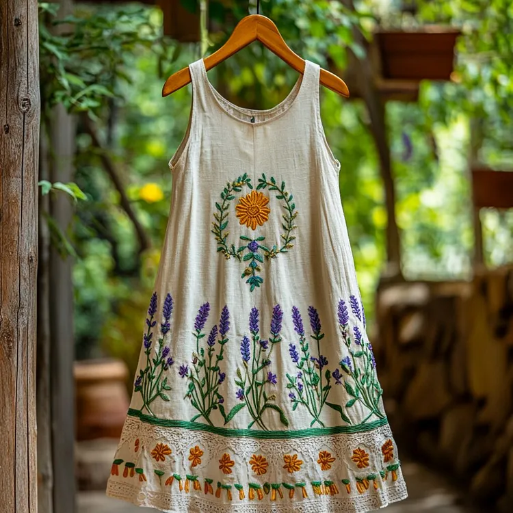 Women's Floral Embroidery Linen Sleeveless Dress