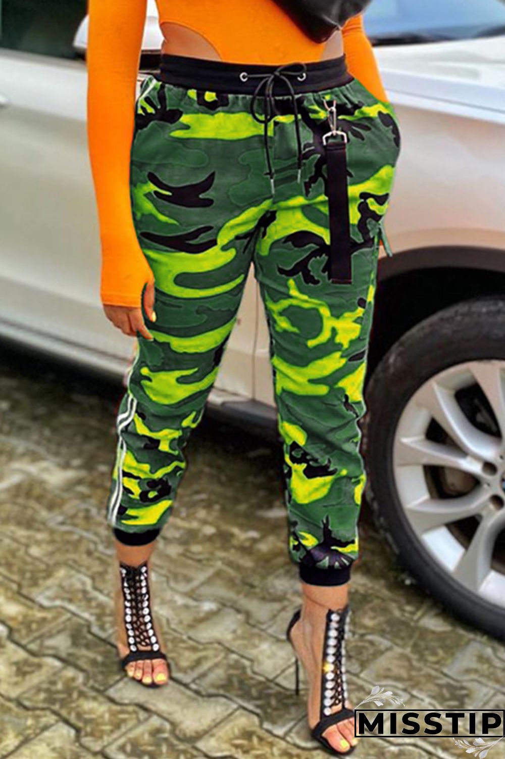 Grey Blue Green Yellow Drawstring Mid Patchwork Print bandage camouflage Loose Capris Bottoms