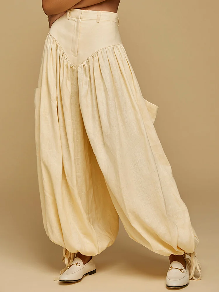 High Rise Solid Pleated Loose Drawstring  Bloomers Pants