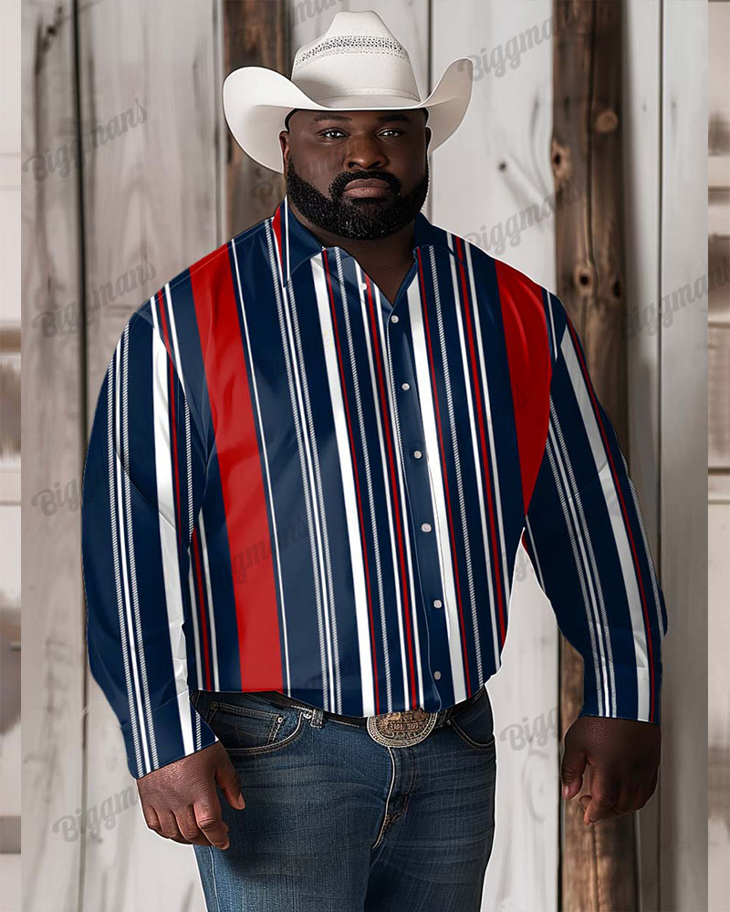 Men's Plus Size Western Long Sleeve Shirt with Vintage Sapphire Stripe