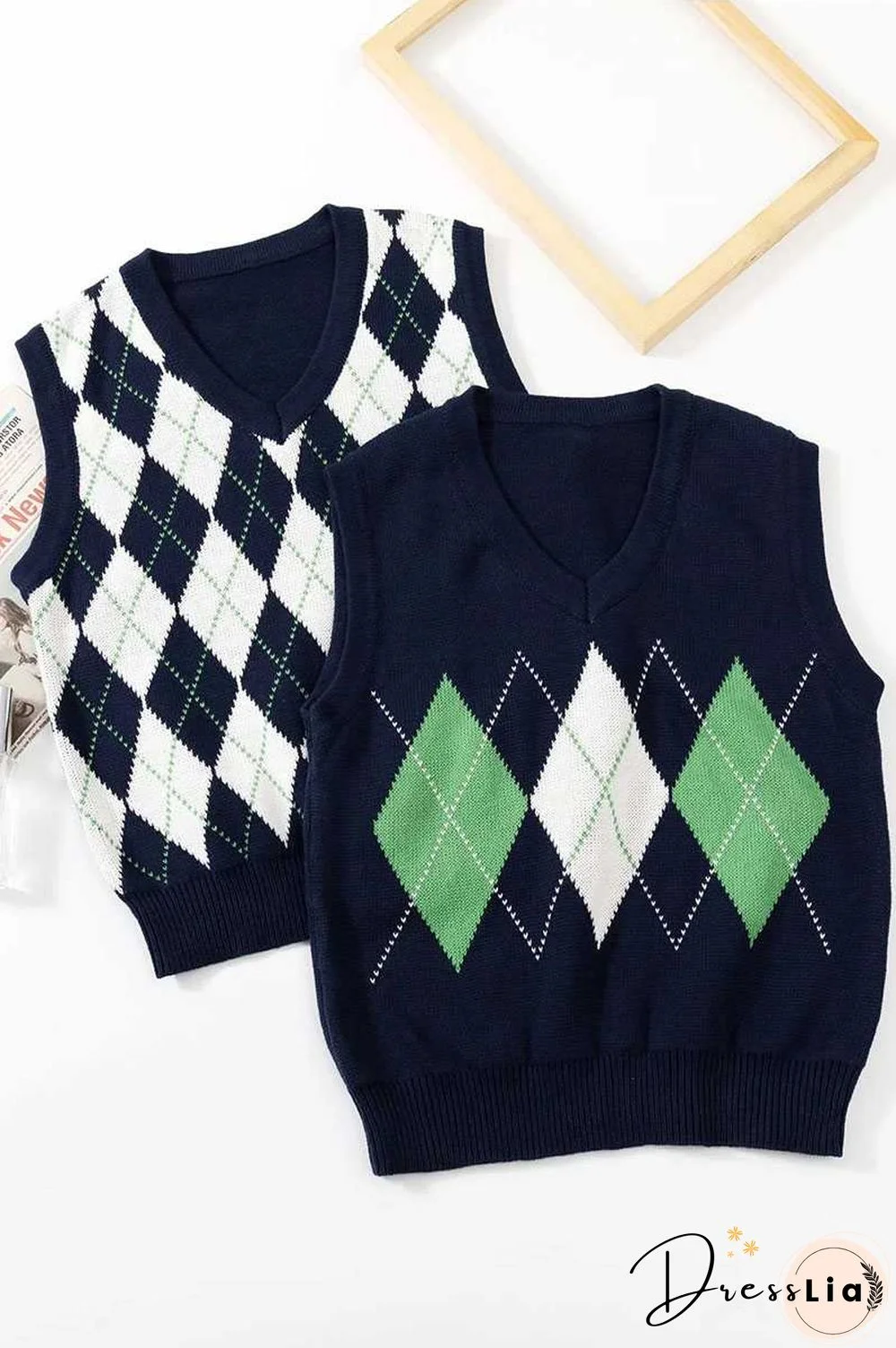 Checkered Cropped Knitted Tank Argyle Sleeveless Jumper