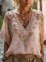 Pink Roses Embroidered V Neck Bohemian Linen T Shirt