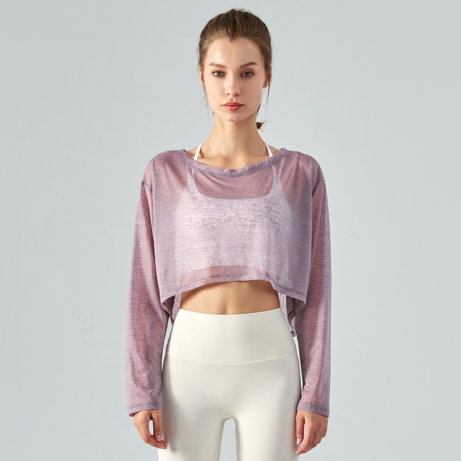 Buy Pearl Gray women's polyester long sleeve breathable thin lightweight loose workout crop top for summer of high quality on Hergymclothing