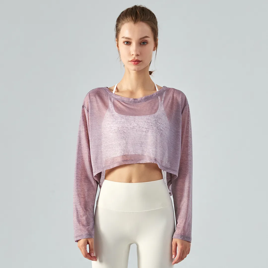 Buy Pearl Gray women's polyester long sleeve breathable thin lightweight loose workout crop top for summer of high quality on Hergymclothing