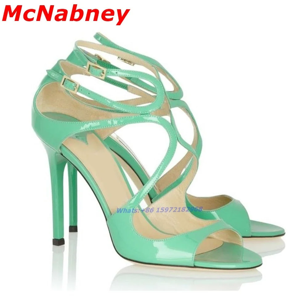 Light Green Leather Strappy Sandals Women Party Shoes Open Toe Cut Outs Buckle High Heels Gladiator Sandals Sexy Summer Party