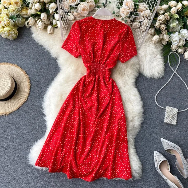 Vintage Polka dot print Chiffon Dress Women 2020 Summer V-neck Single-breasted Short sleeve Dresses Casual Vestidos Mujer