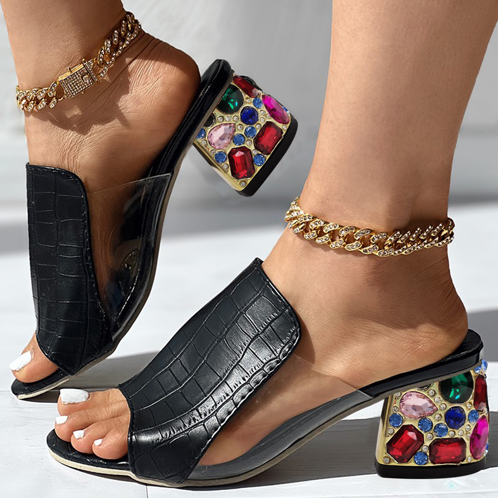 Black & Clear Open Toe Decorative Heel Mules Nicepairs