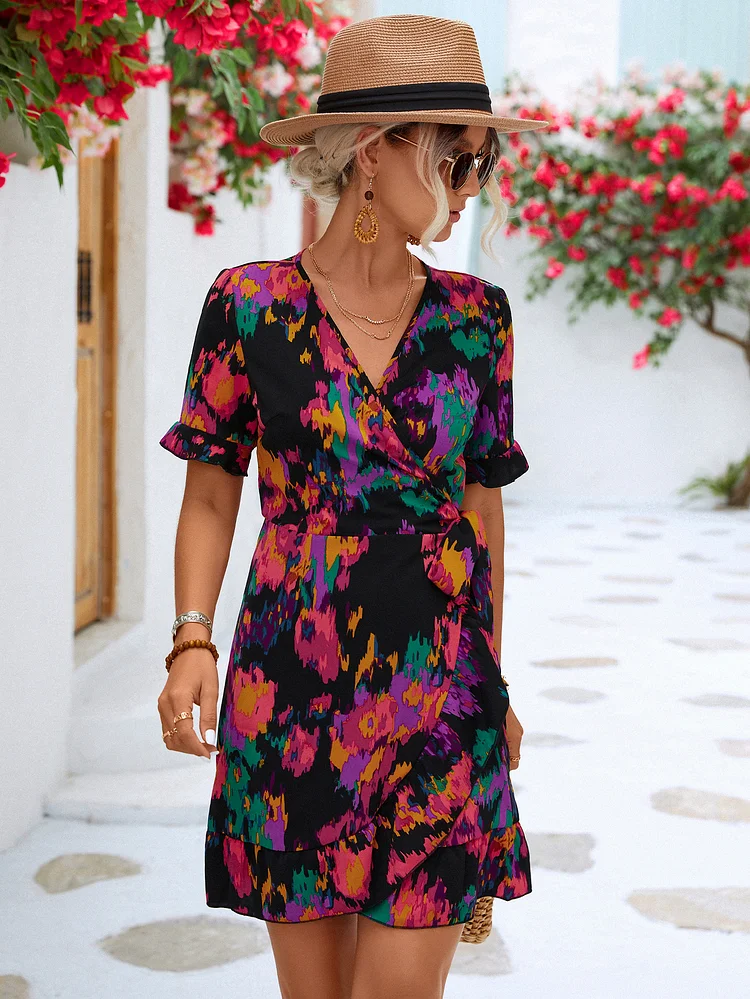 Elegant Flower Print V-neck Ruffle Short Sleeve Mini Dress