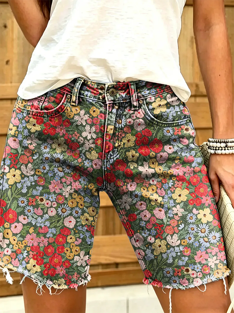 Ethnicity Colorful Bohemia Flowers Women's Art Print Casual Denim Shorts