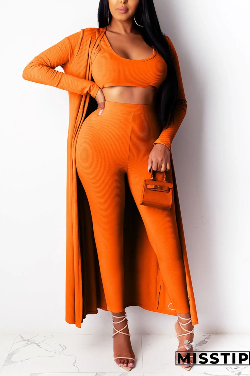 Orange Celebrities Patchwork Solid pencil Long Sleeve Two Pieces