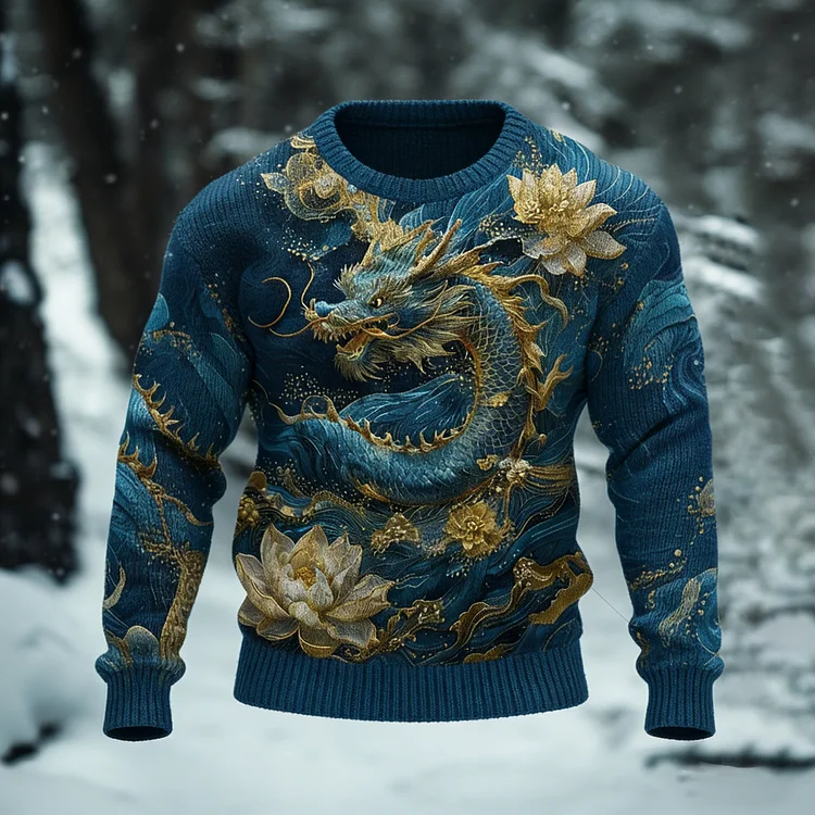 Ice Dragon And Golden Lotus Pattern Men's Cozy Sweater