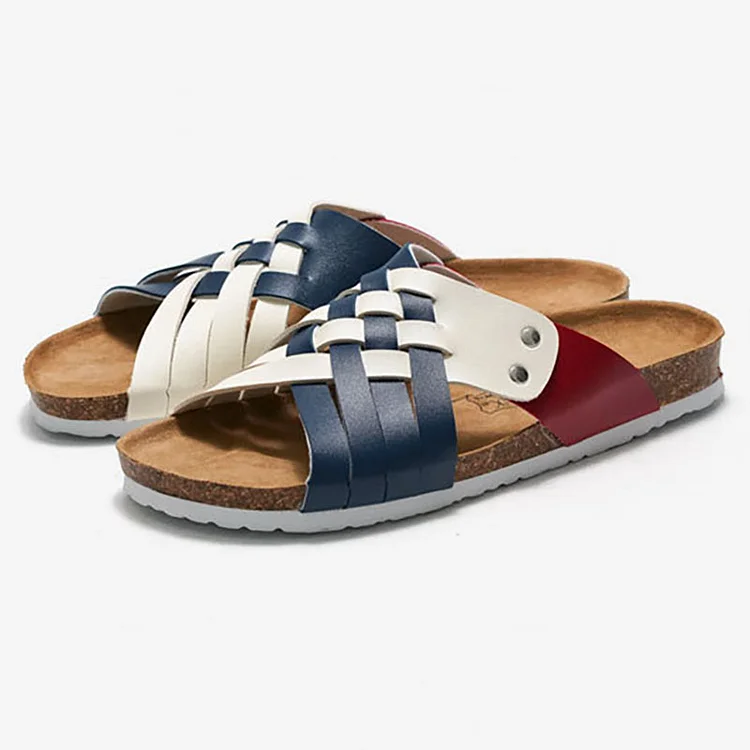 Colorblock Cross PU Leather Open Toe Casual Flat Slippers