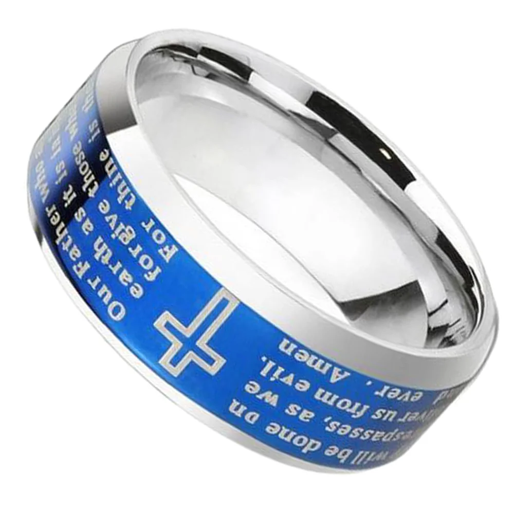 6MM 8MM Blue Tungsten Rings Lords Prayer Brushed Finished Beveled Edge