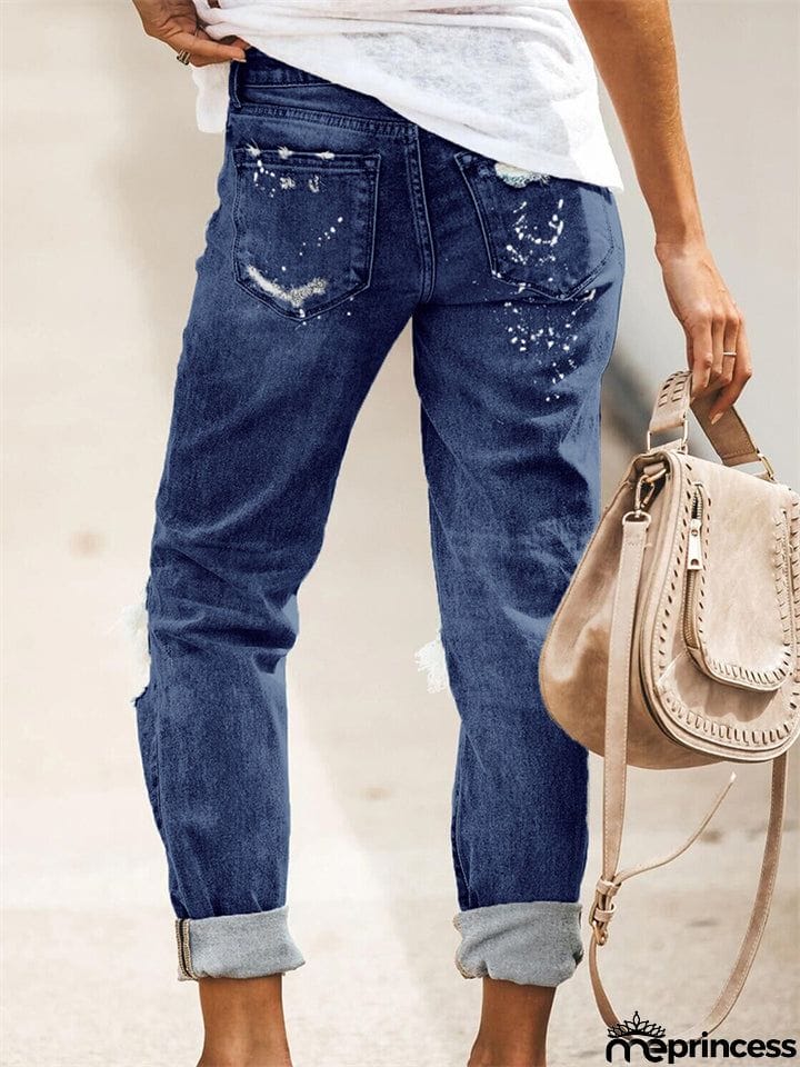 Women's Stretch Wash Effect Ripped Straight-Leg Street Style Jeans